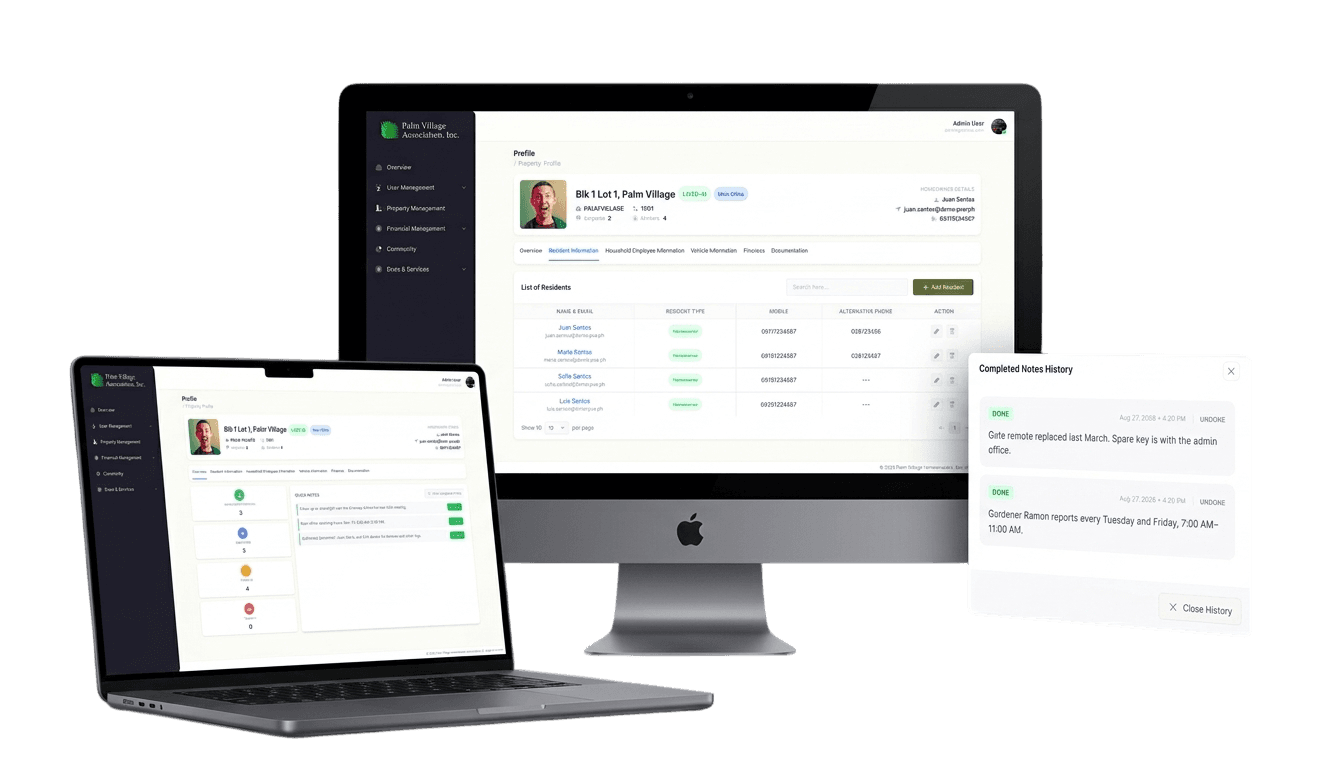 Property profile and resident management interface in a Property Management System