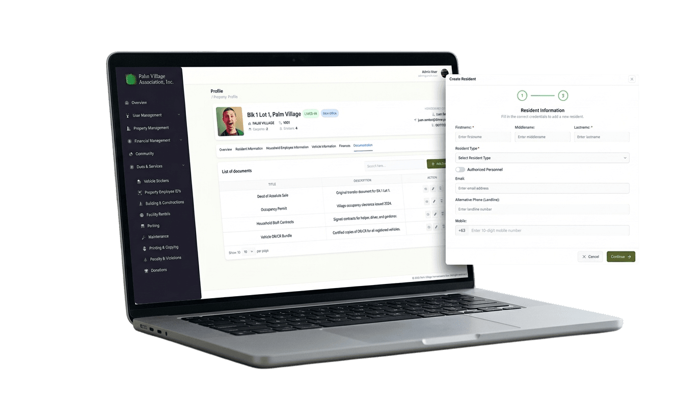 Property documentation and resident management interface in a Property Management System