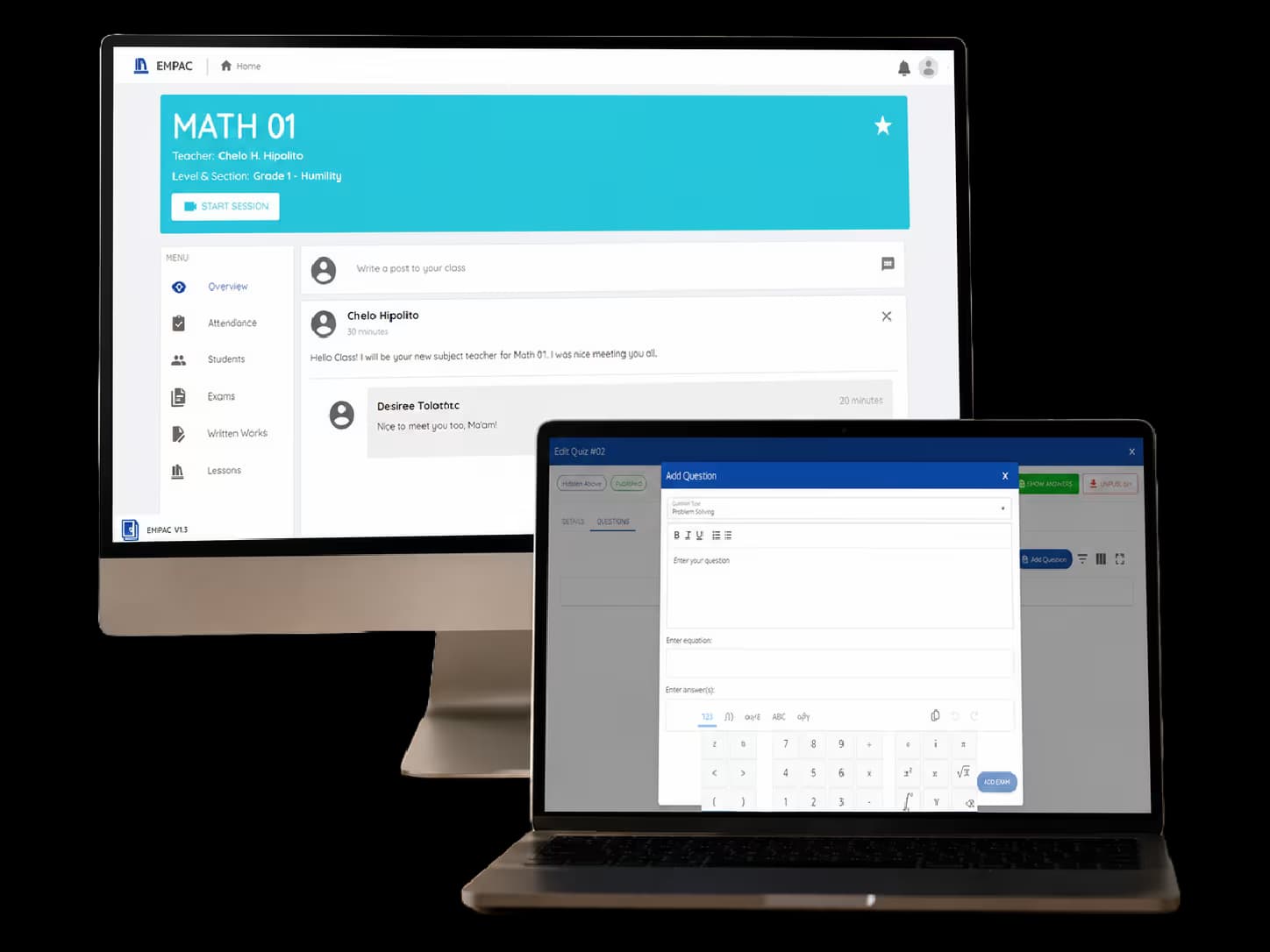 EMPAC e-learning dashboard showing class newsfeed, calendar, and grades