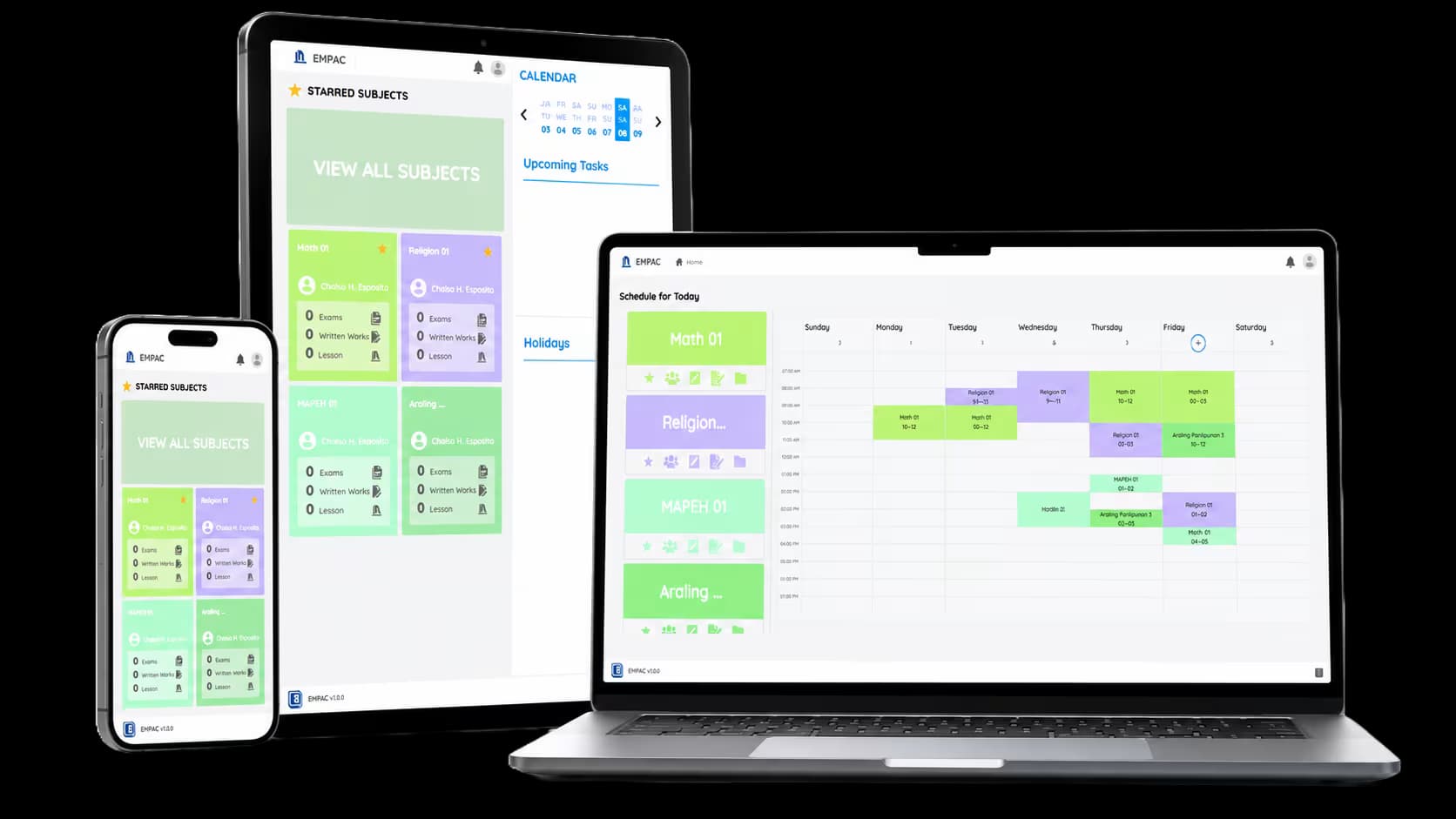 EMPAC School Management System dashboard shown on laptop and tablet devices