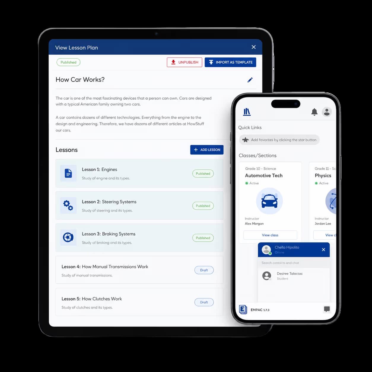 EMPAC teacher tools on mobile and desktop for online classes and communication
