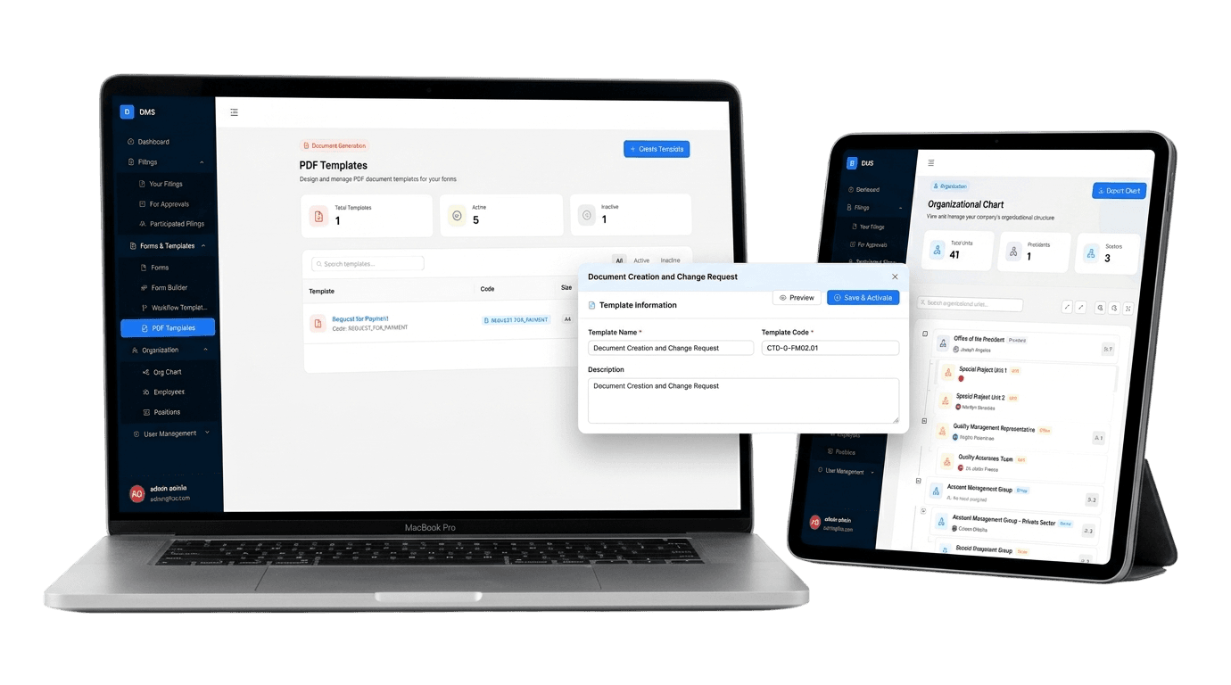 Document Management System dashboard shown across laptop and tablet devices