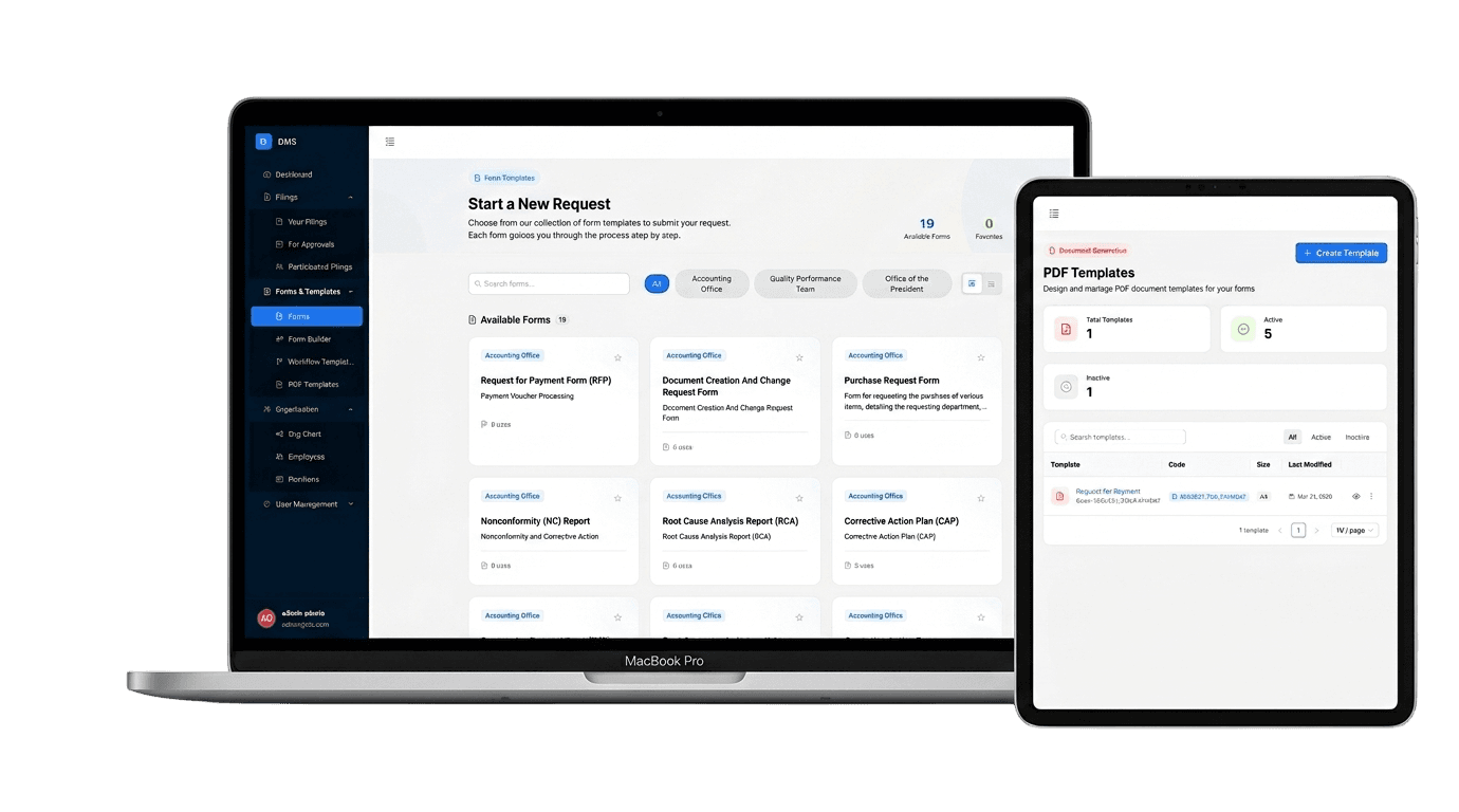 Document Management System forms marketplace and PDF template management interface
